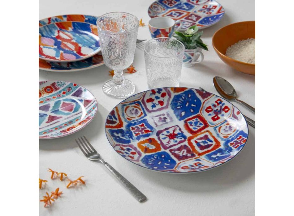 Tafelborden met volledige bediening in porselein en gekleurd aardewerk 18 stuks - Anfa Viadurini