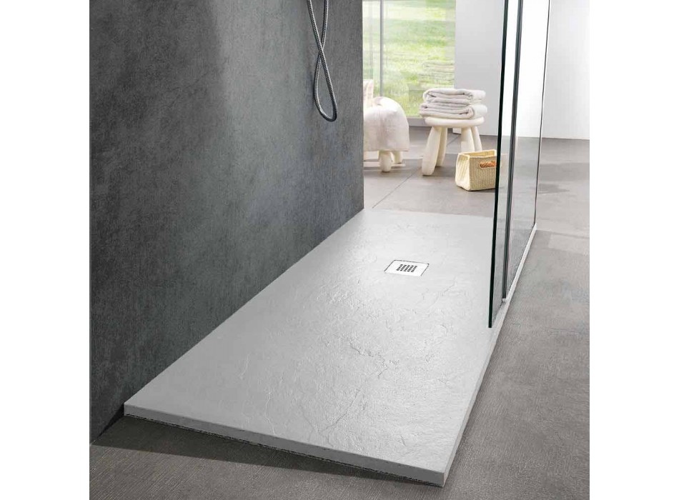 Douchebak 160x70 modern design in leisteen-effect van witte hars - Sommo Viadurini