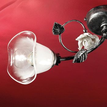 2-lichts plafondlamp in ijzer, glas en rozen met keramische decoratie - Siena