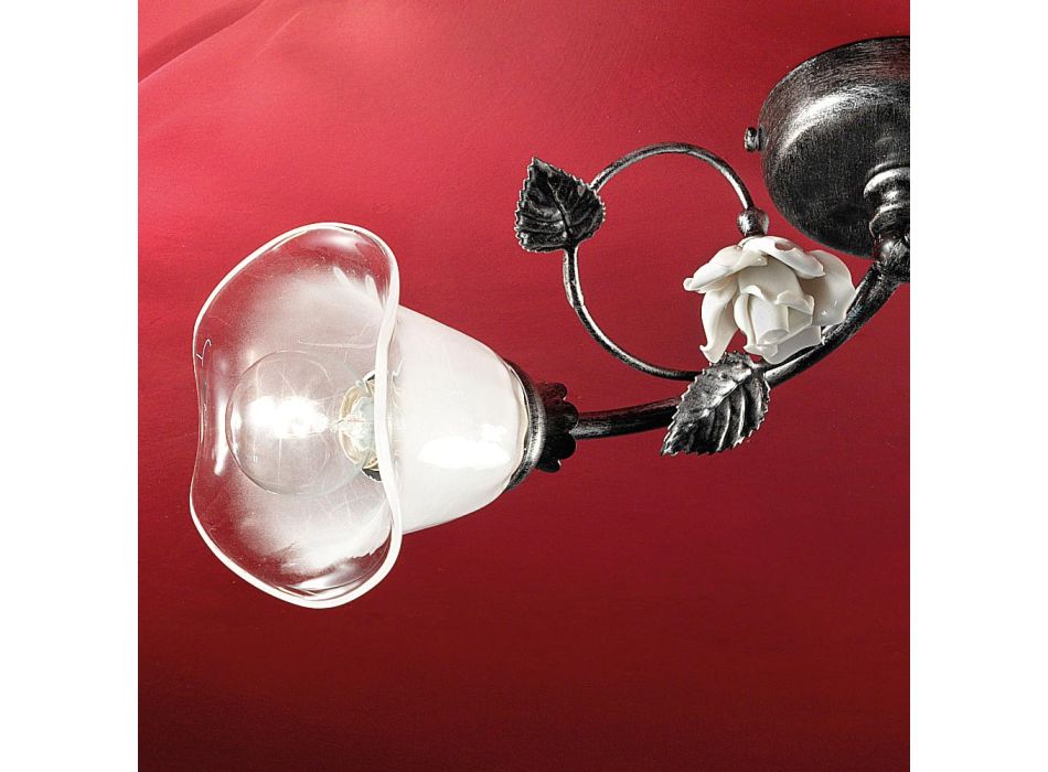 2-lichts plafondlamp in ijzer, glas en rozen met keramische decoratie - Siena