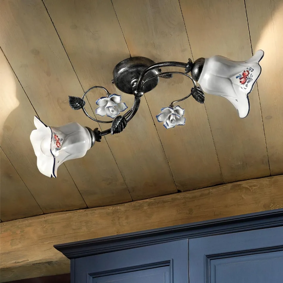 2-lichts plafondlamp van metaal en keramiek met handgeschilderde rozen - Pisa Viadurini