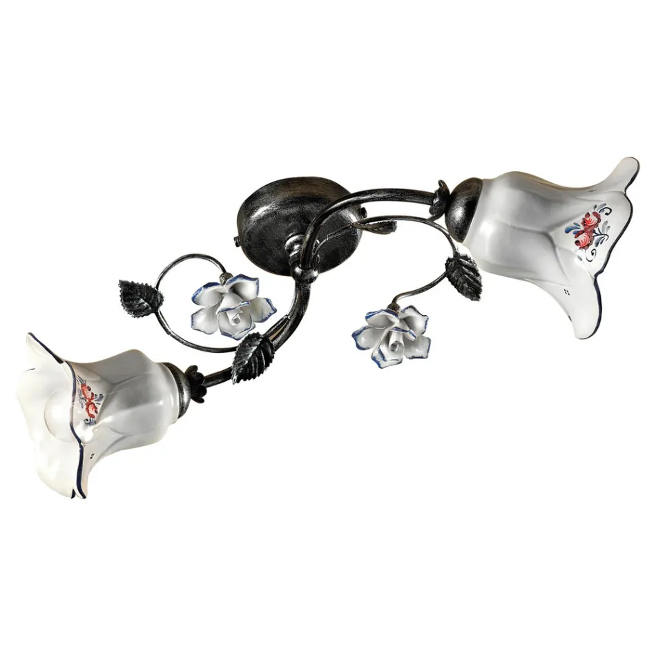 2-lichts plafondlamp van metaal en keramiek met handgeschilderde rozen - Pisa Viadurini