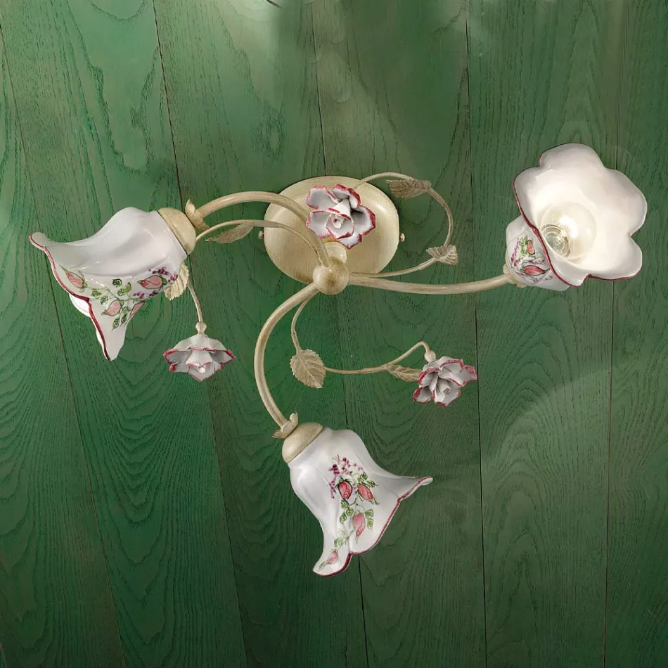 Plafondlamp 3 Lichts Metaal en Keramiek Handbeschilderd Rood Draad - Pisa Viadurini