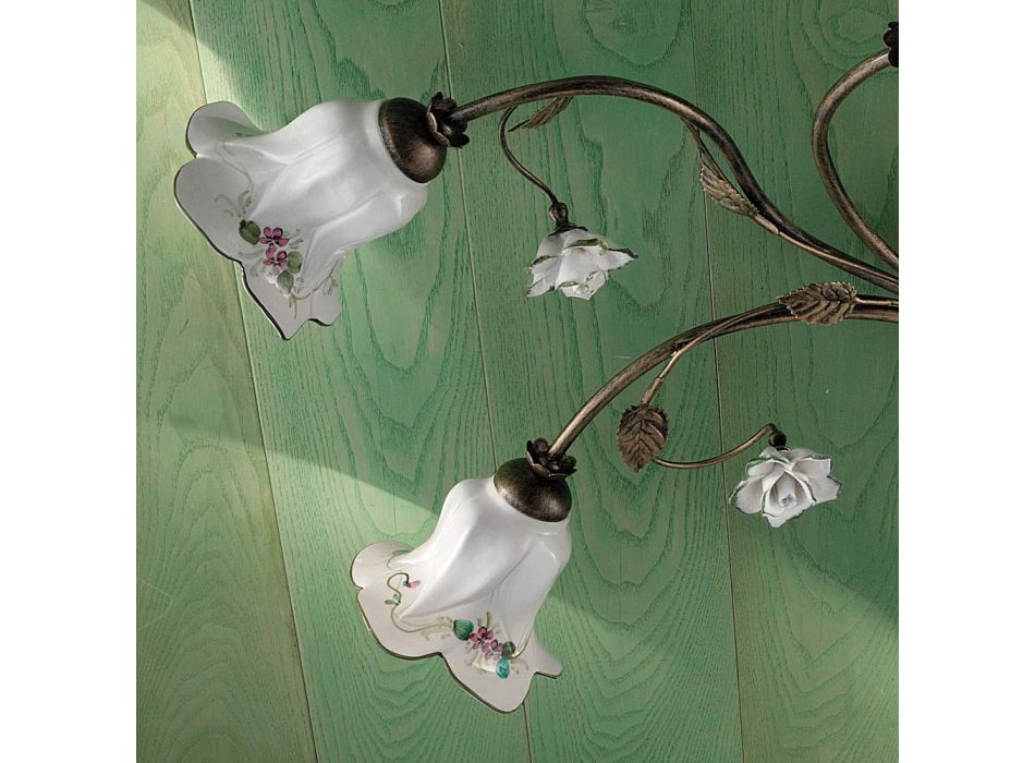 6 Lichts Plafondlamp in Artisan Keramiek met Gedecoreerde Rozen - Pisa Viadurini