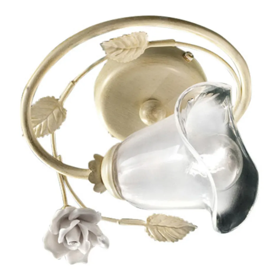 Plafondlamp van ijzer, gezandstraald glas en rozen van keramiek decoratie - Siena Viadurini