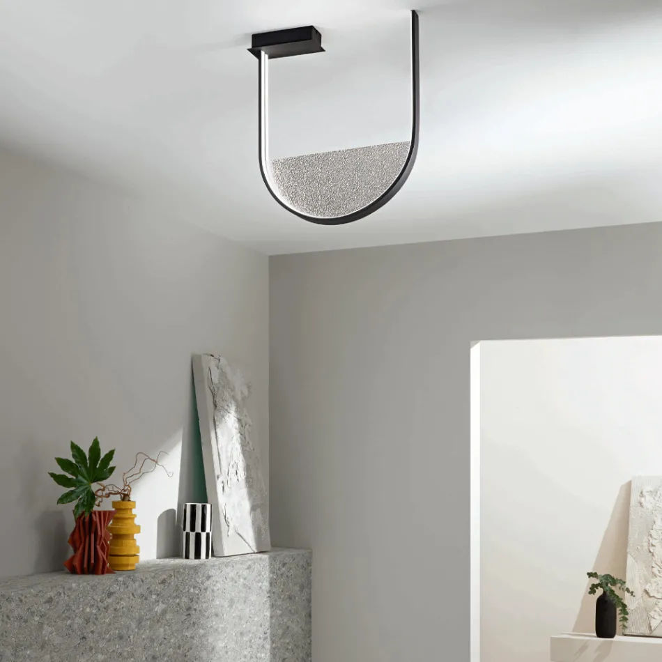 Plafondlamp van gelakt metaal en uitneembaar inzetstuk van gegranuleerd glas - Catalpa Viadurini