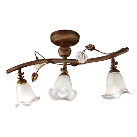 Lineaire plafondlamp met 3 lampjes in ijzer, glas en keramische rozen - Siena Viadurini