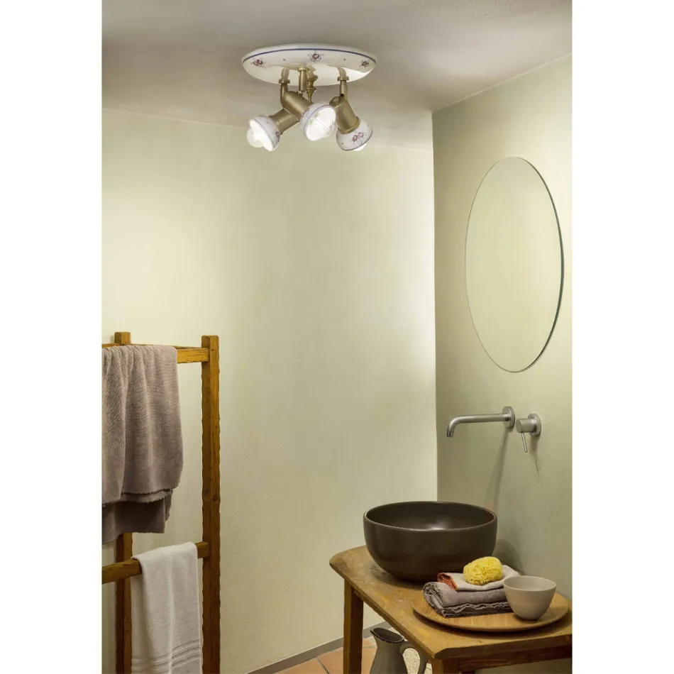 Ronde plafondlamp 3 spots in messing en handbeschilderd keramiek - Savona Viadurini