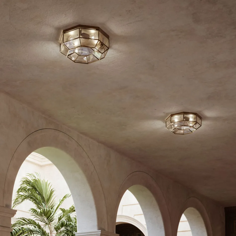 Vintage plafondlamp in gepolijst messing en glas 2 maten - gebonden door Il Fanale Viadurini