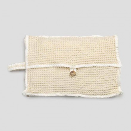 Handtas van natuurlijk wit katoen met honingraatmotief en parelmoerknoop - Anteha Viadurini