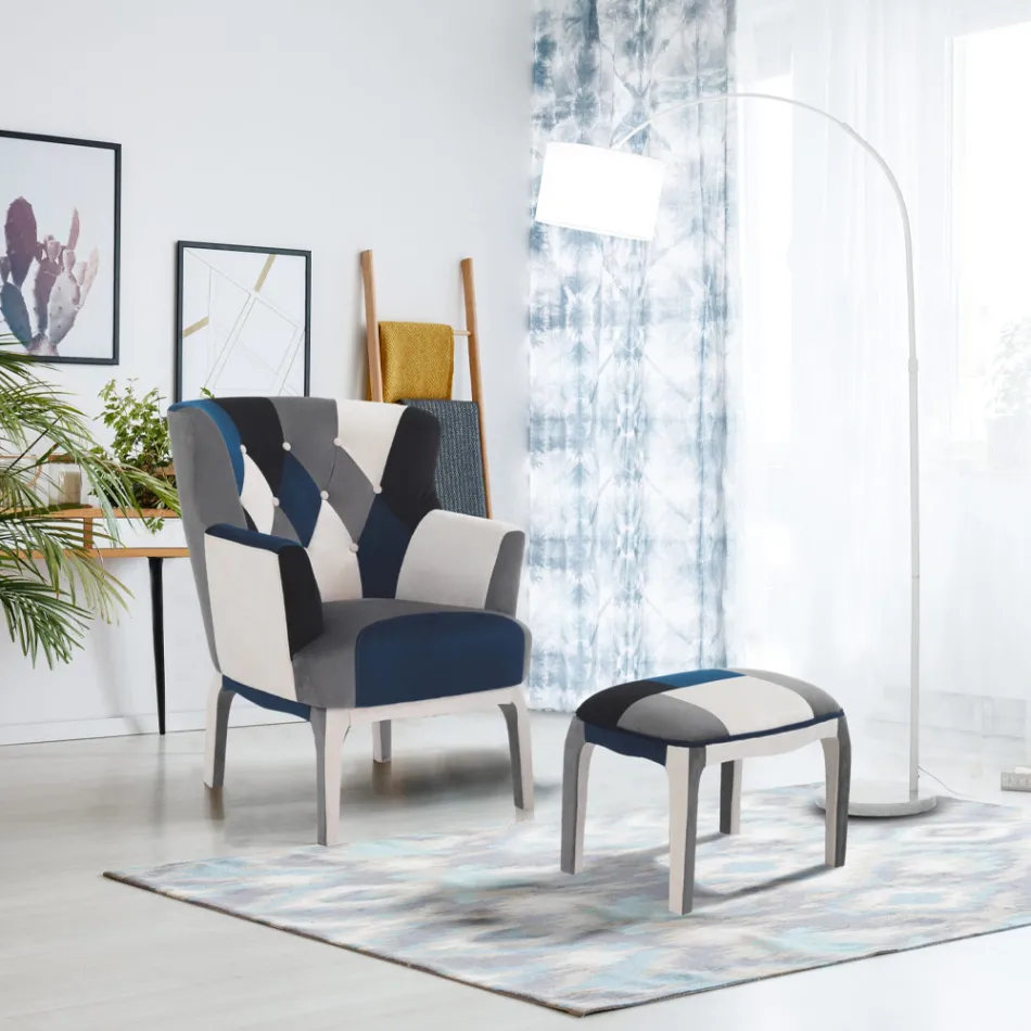 Fauteuil met poef in patchworkstof - Bromo Viadurini