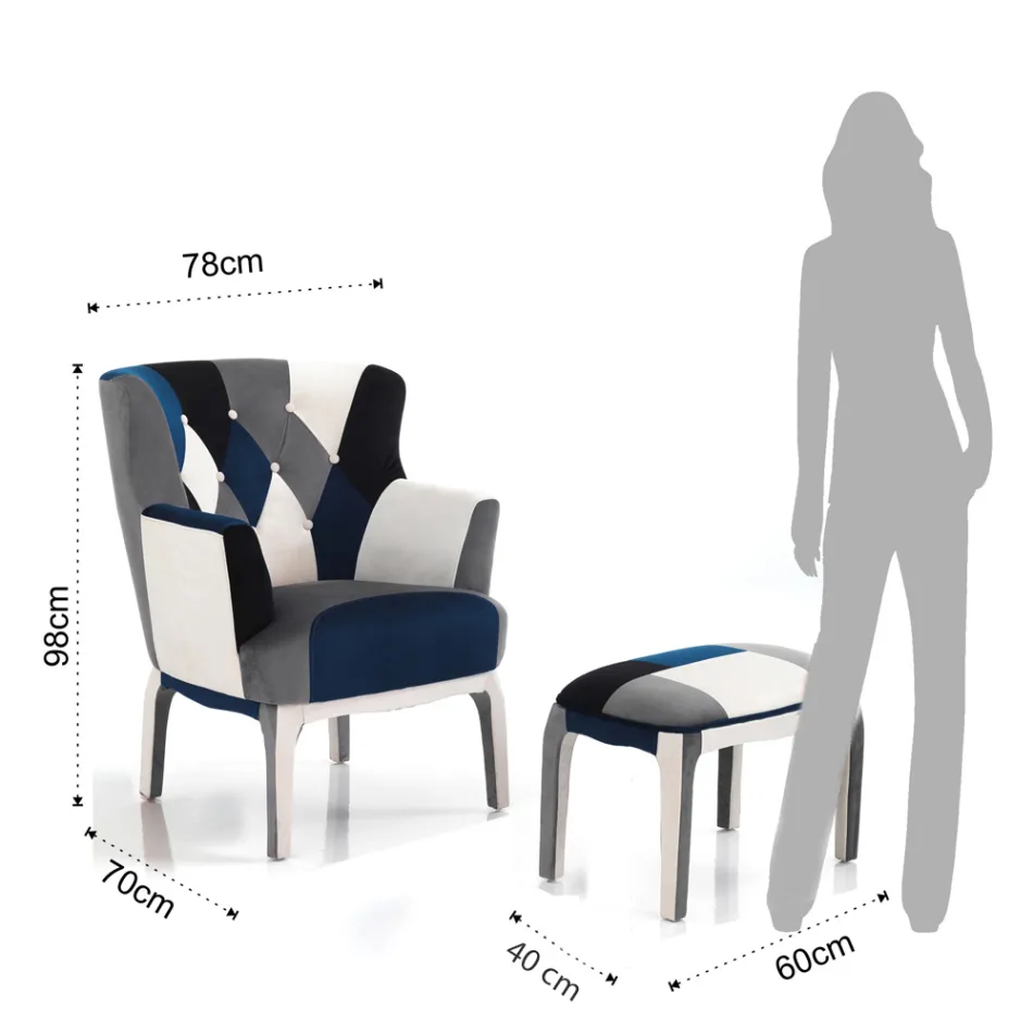 Fauteuil met poef in patchworkstof - Bromo Viadurini
