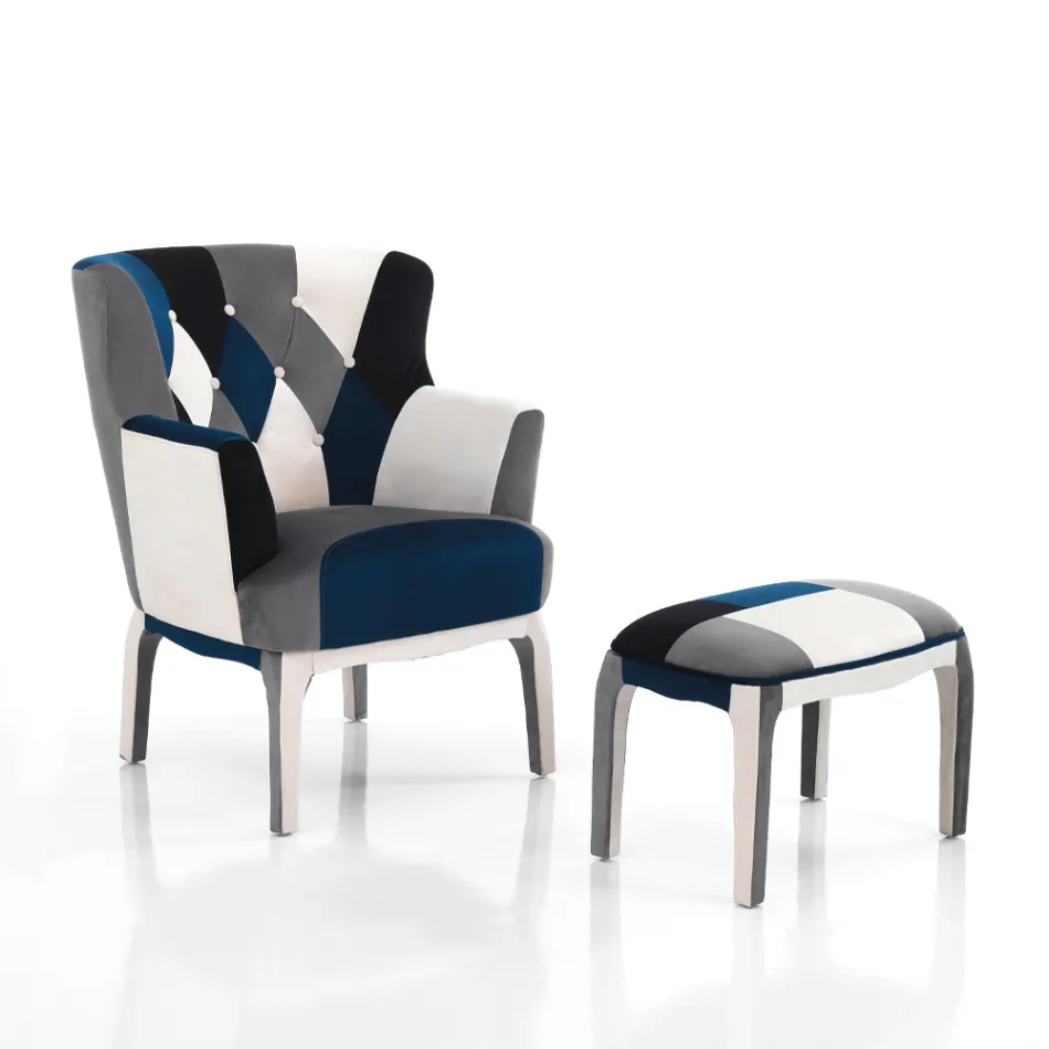 Fauteuil met poef in patchworkstof - Bromo Viadurini