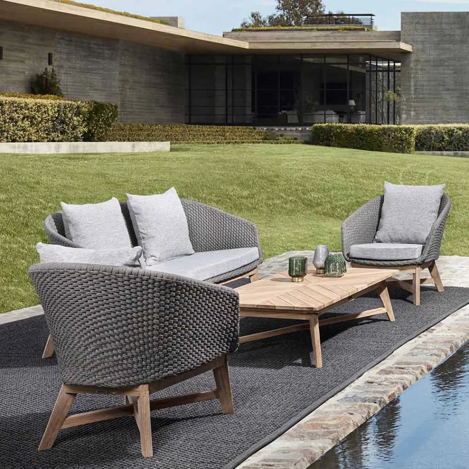 Buitenfauteuil van touwweven en teakhout, Homemotion - Callum Viadurini