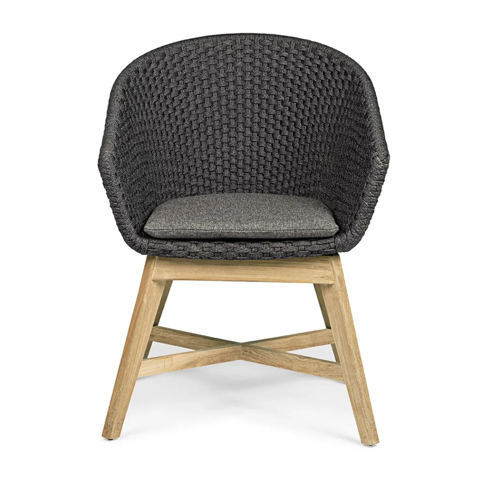 Buitenfauteuil van hout en touw met kussen, Homemotion, 2 stuks - Oskana Viadurini
