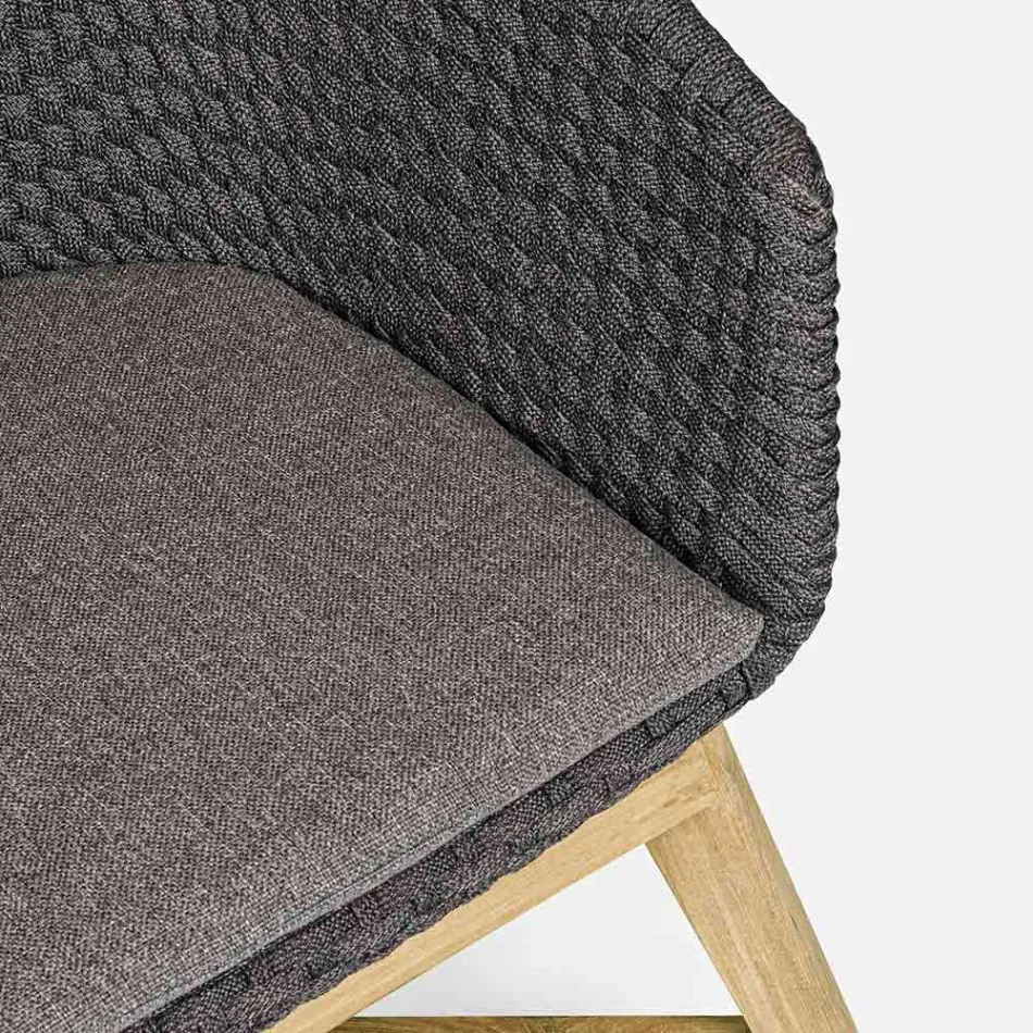 Buitenfauteuil van hout en touw met kussen, Homemotion, 2 stuks - Oskana Viadurini