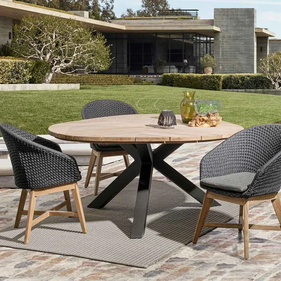 Buitenfauteuil van hout en touw met kussen, Homemotion, 2 stuks - Oskana Viadurini