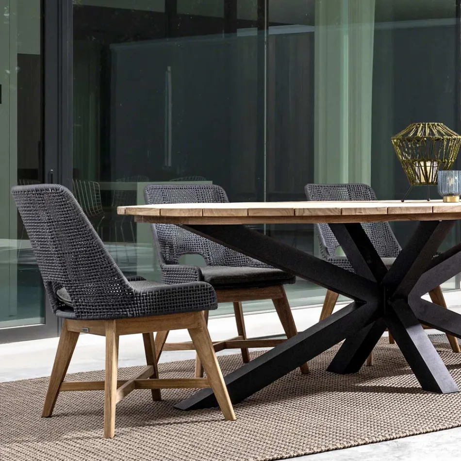 Buitenfauteuil van hout en touw met kussen, Homemotion, 2 stuks - Oskana Viadurini