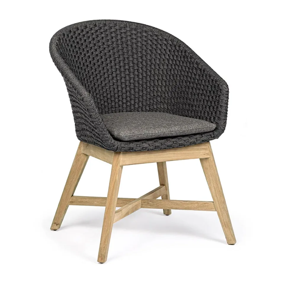 Buitenfauteuil van hout en touw met kussen, Homemotion, 2 stuks - Oskana Viadurini