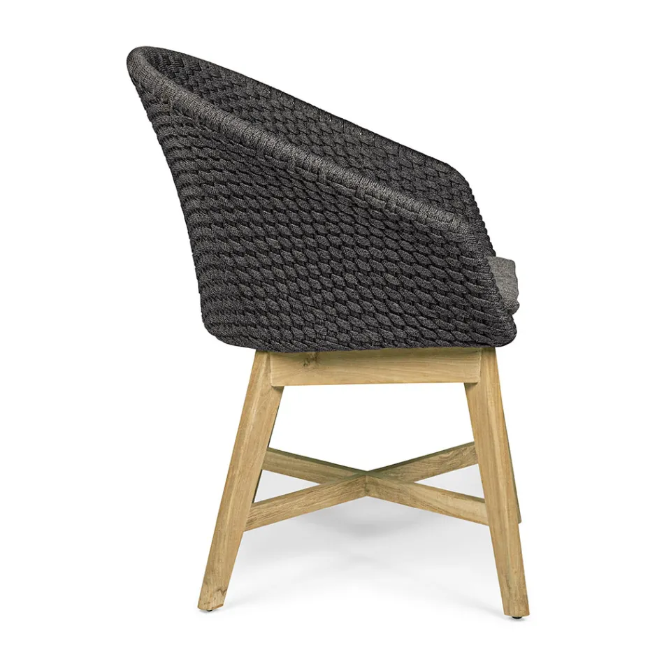 Buitenfauteuil van hout en touw met kussen, Homemotion, 2 stuks - Oskana Viadurini