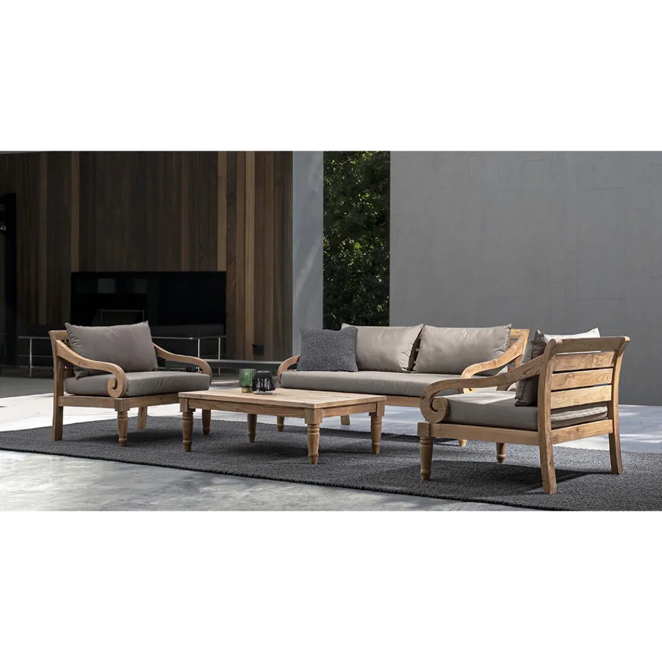 Outdoor teakhouten fauteuil met stoffen kussens, Homemotion - Tatyana Viadurini