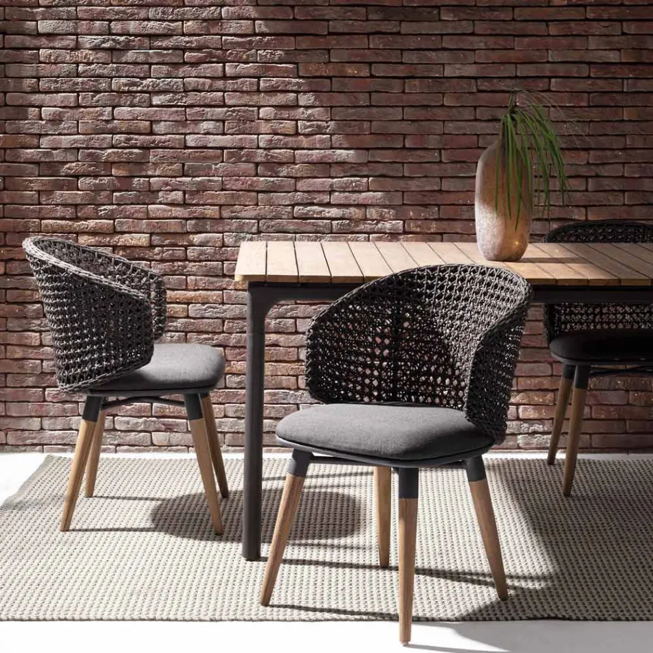 Tuinfauteuil met teakhouten poten en stoffen zitting, Homemotion - Chantall Viadurini