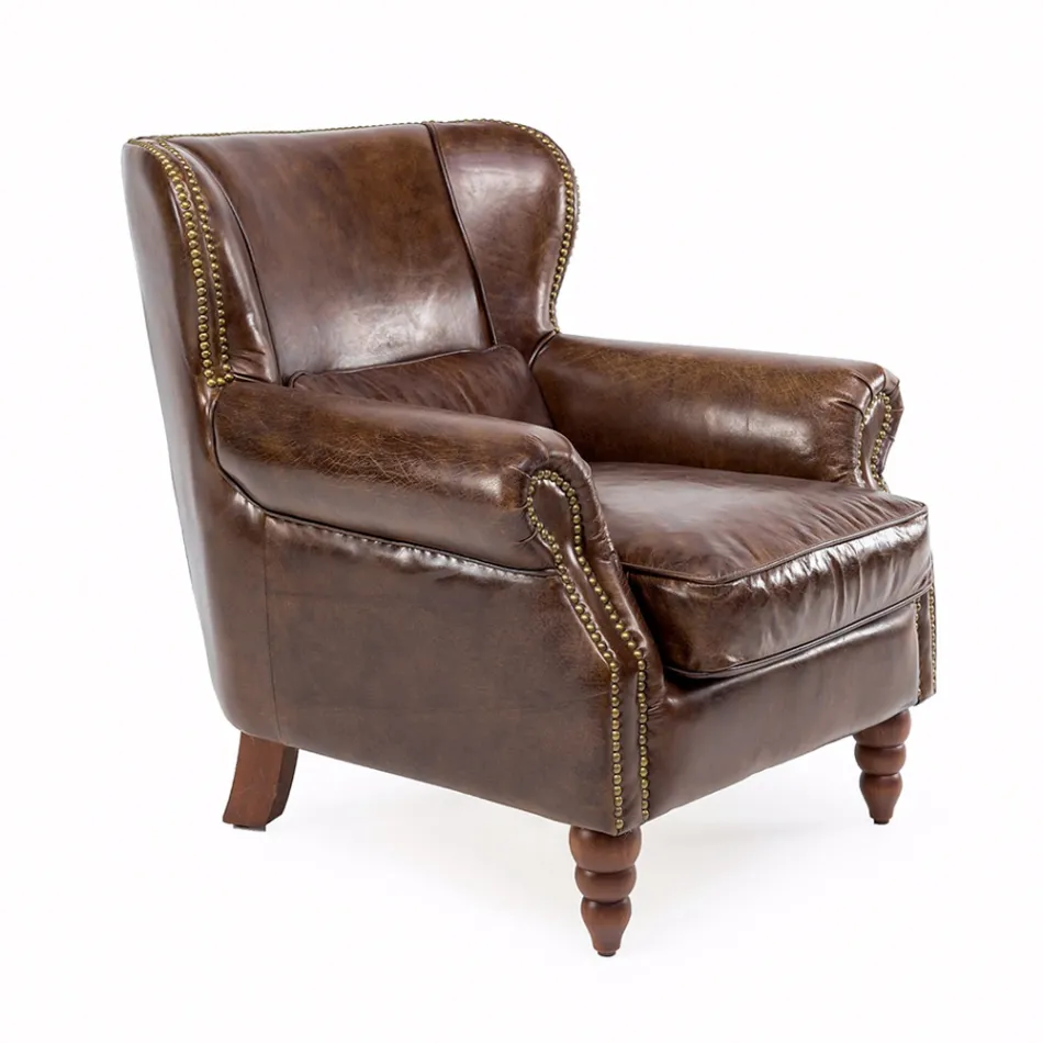 Indoor Fauteuil Volledig in Vintage Leder Verouderd Effect - Stempel Viadurini