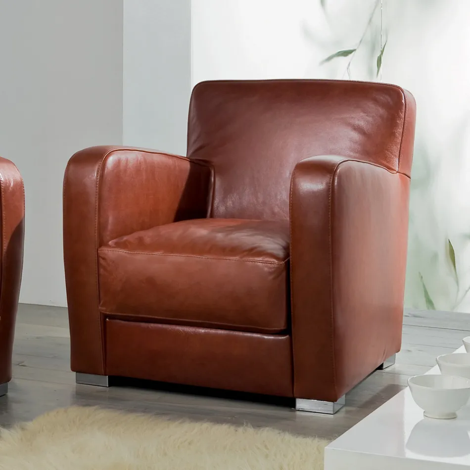 Woonkamerfauteuil van hout, leer en metaal Made in Italy - Burlesco Viadurini