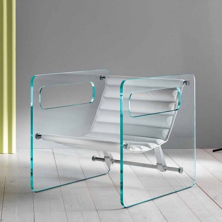 Woonkamer fauteuil in glas en zitting in wit leer Modern design - Tecna Viadurini