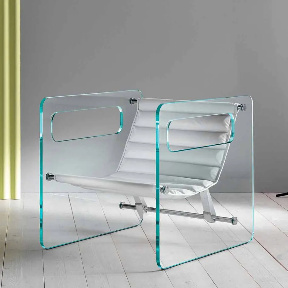 Woonkamer fauteuil in glas en zitting in wit leer Modern design - Tecna Viadurini
