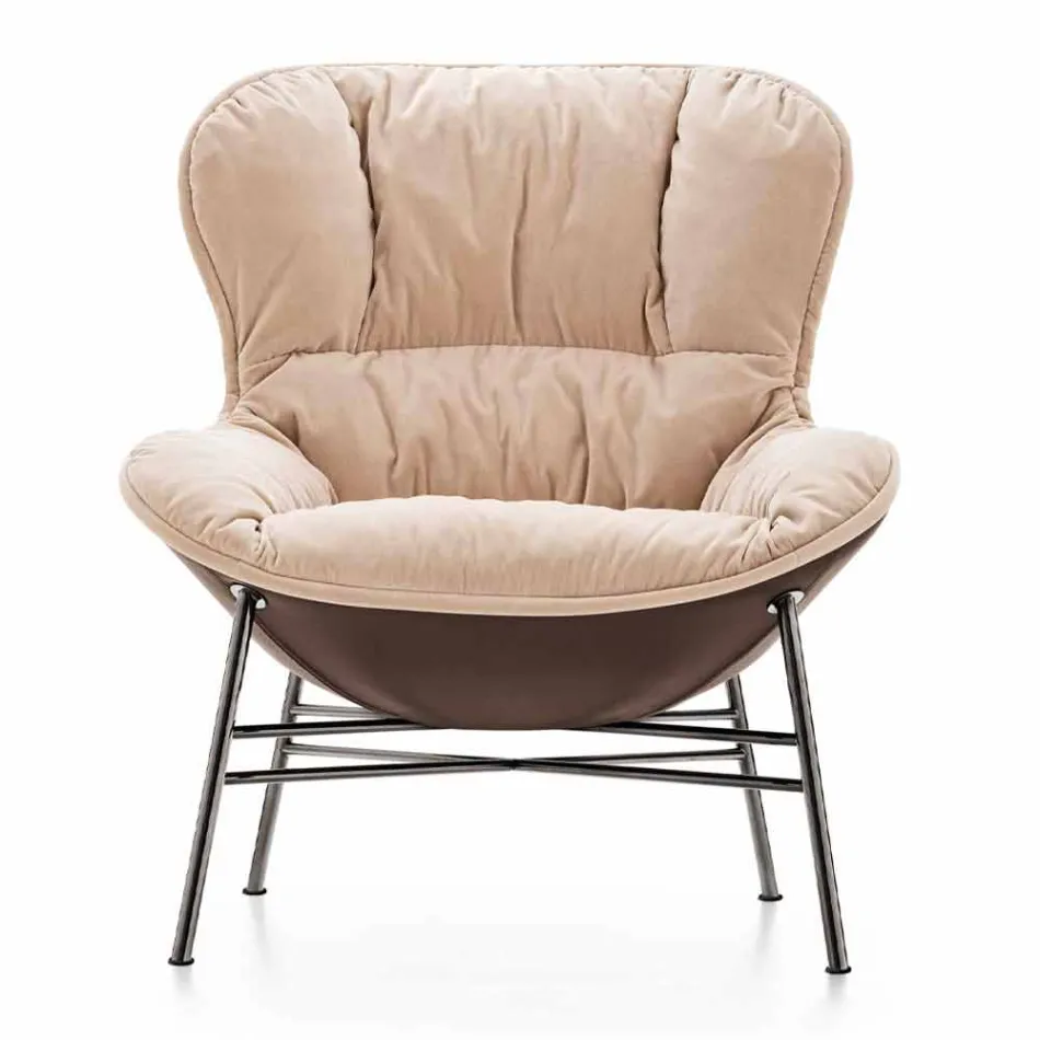Woonkamer fauteuil in leer en stof met verchroomd onderstel Made in Italy - Lychee Viadurini