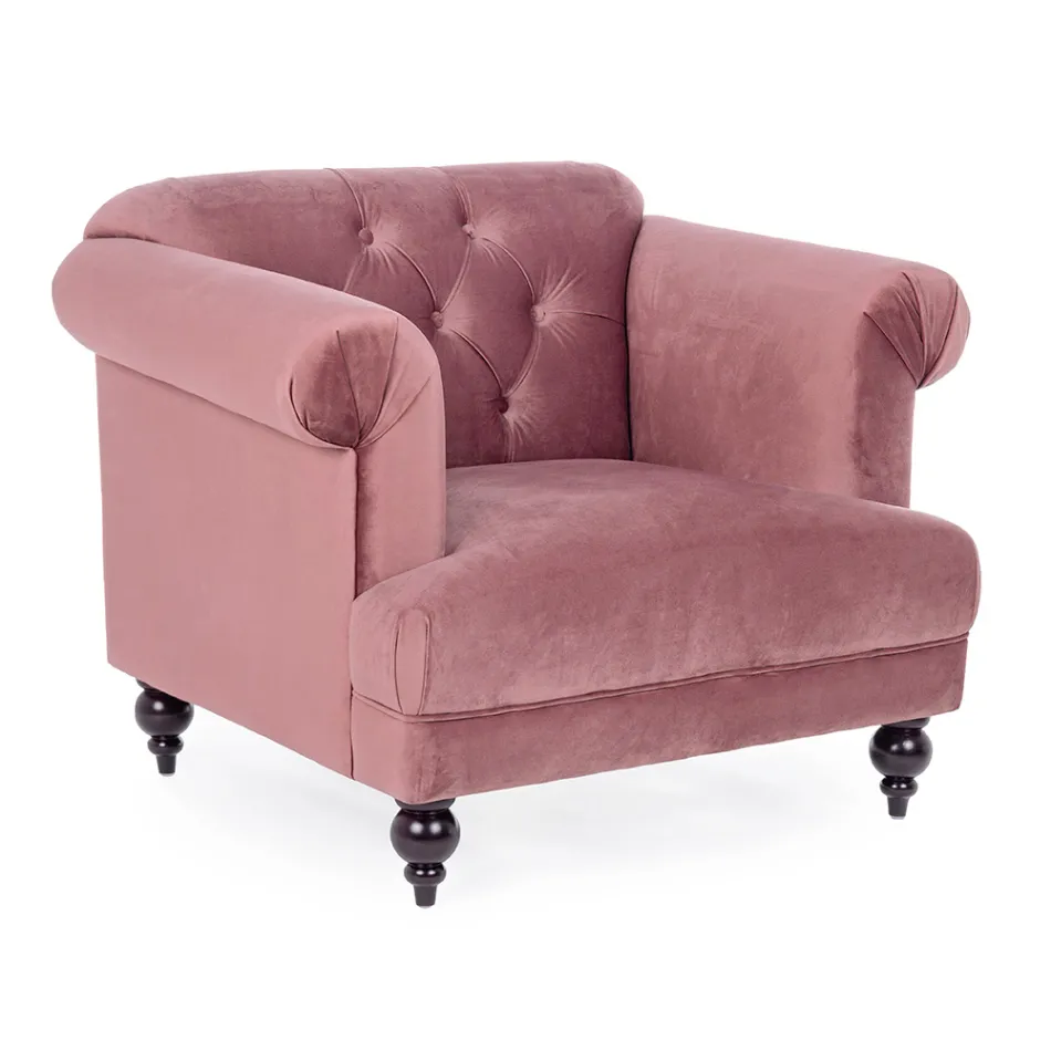 Klassieke design fauteuil in hout en grijs of roze fluwelen effect - Sanny Viadurini