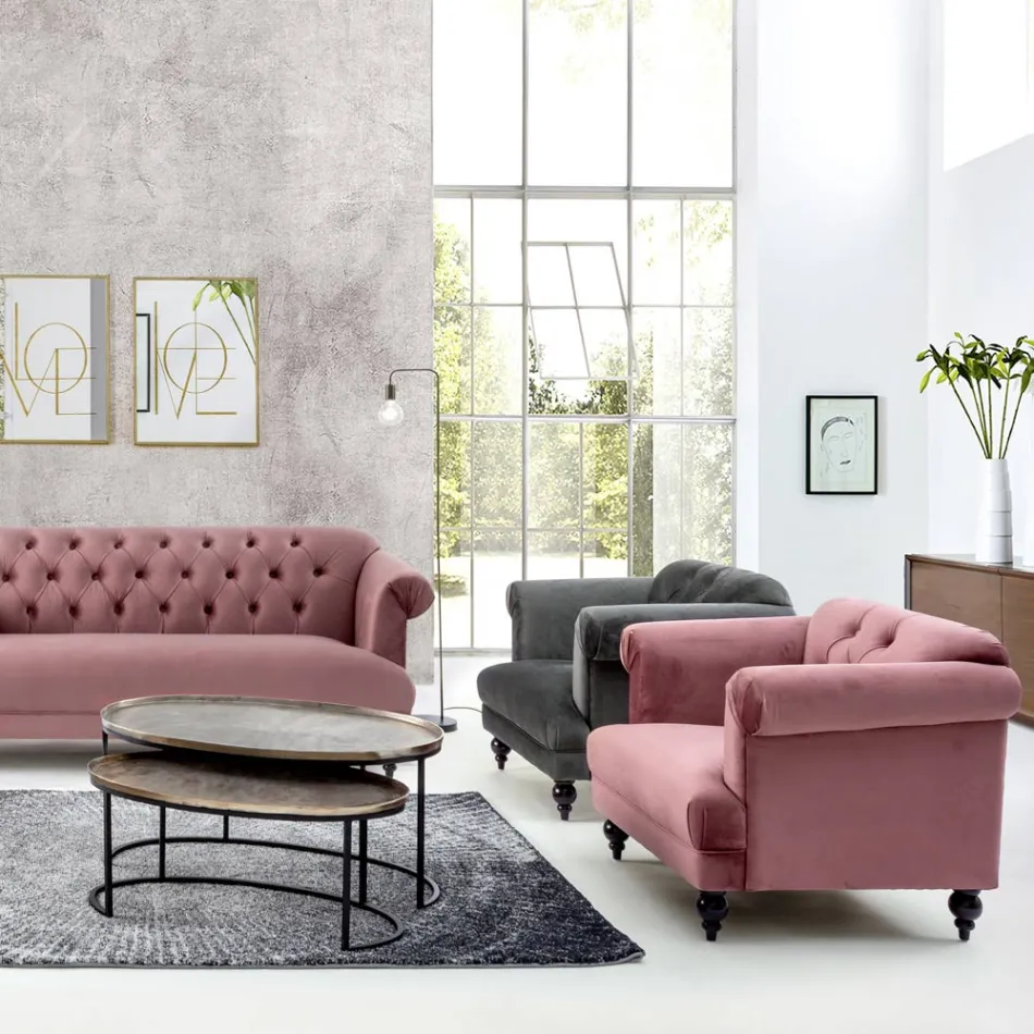 Klassieke design fauteuil in hout en grijs of roze fluwelen effect - Sanny Viadurini