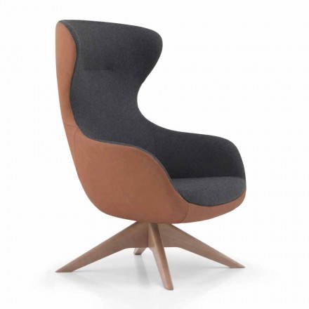 Draaibare lederen fauteuil met houten onderstel Made in Italy - Butterfly Viadurini
