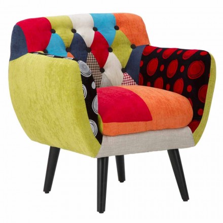 Modern design gekleurde patchwork fauteuil in stof en hout - Koria Viadurini