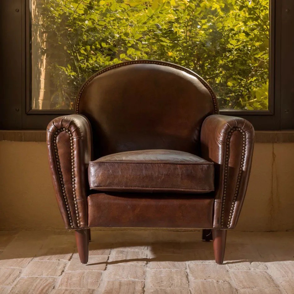 Binnenfauteuil in vintage leer met verouderd effect donkerbruin - stempel Viadurini