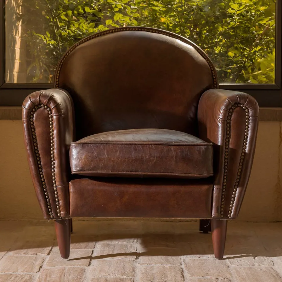 Binnenfauteuil in vintage leer met verouderd effect donkerbruin - stempel Viadurini