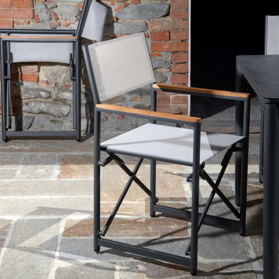 Regisseursstoel van aluminium, textilene en armleuning van teakhout - Tenda Viadurini