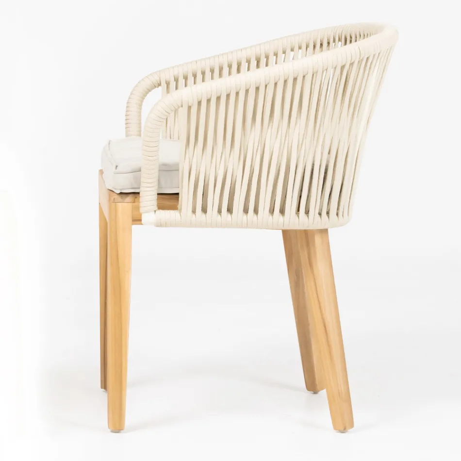 Teak en Geweven Polyethyleen Fauteuil voor Buiten met Kussen - Jhon Viadurini