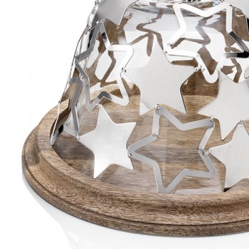 Bell-cakehouder in hout en glas met zilveren metalen sterren - Ilenia
