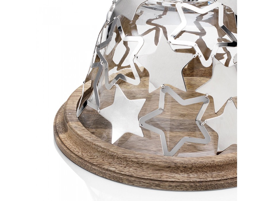 Bell-cakehouder in hout en glas met zilveren metalen sterren - Ilenia