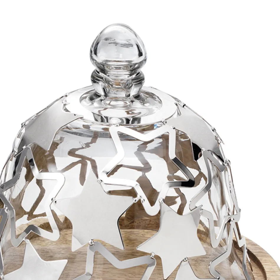 Bell-cakehouder in hout en glas met zilveren metalen sterren - Ilenia Viadurini