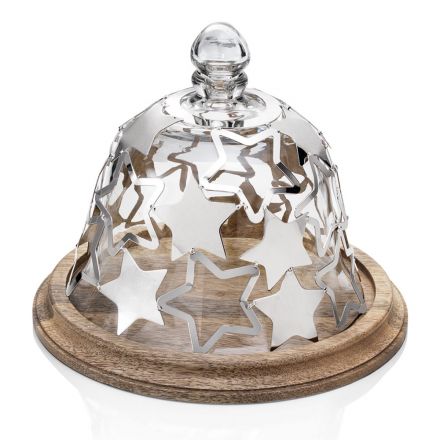 Bell-cakehouder in hout en glas met zilveren metalen sterren - Ilenia Viadurini