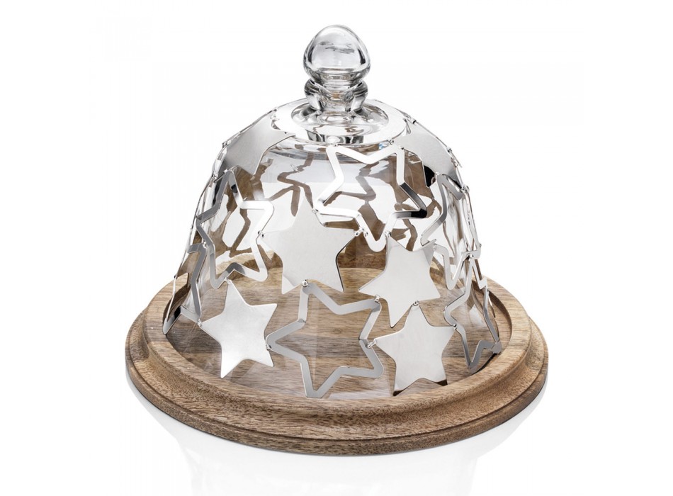 Bell-cakehouder in hout en glas met zilveren metalen sterren - Ilenia Viadurini