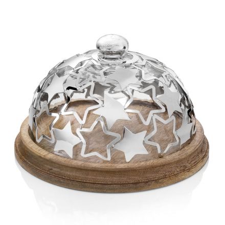 Taarthouder in hout en glas met luxe zilveren metalen sterren - Ilenia Viadurini