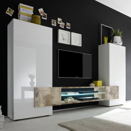 Houten tv-meubel met deuren en verlichte plank Made in Italy - Sevesto Viadurini