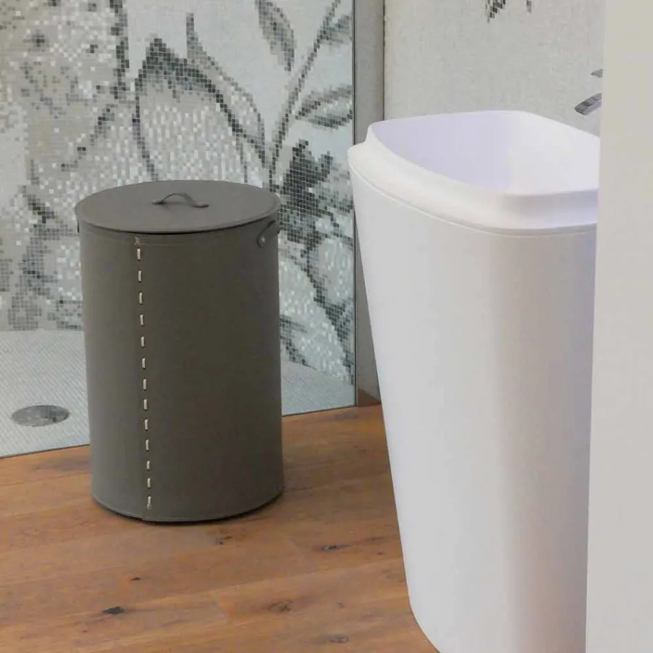 Cilindrische wasmand in geregenereerde handgemaakte lederen Roby Viadurini