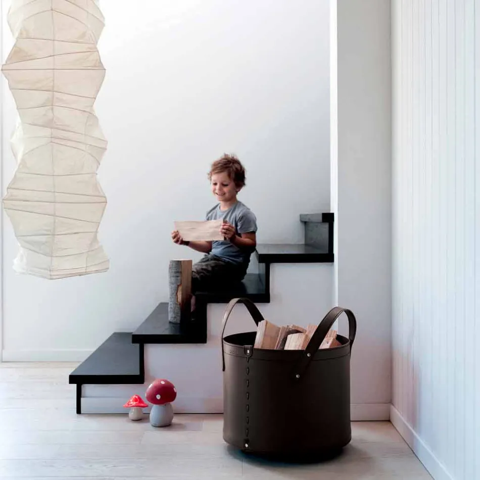 Cilindrische houtblokkenhouder in geregenereerd leer met Tonda Firestyle-wielen Viadurini