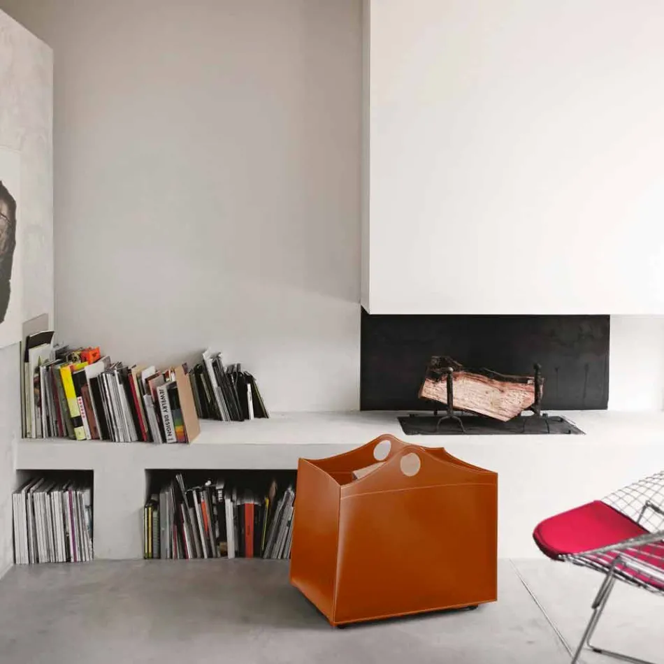 Houtblokkenhouder in geregenereerd leer met WoodBag-wielen gemaakt in Italië Viadurini