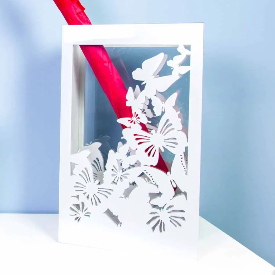 Witte houten paraplubak met modern design versierd met vlinders - Papilio Viadurini